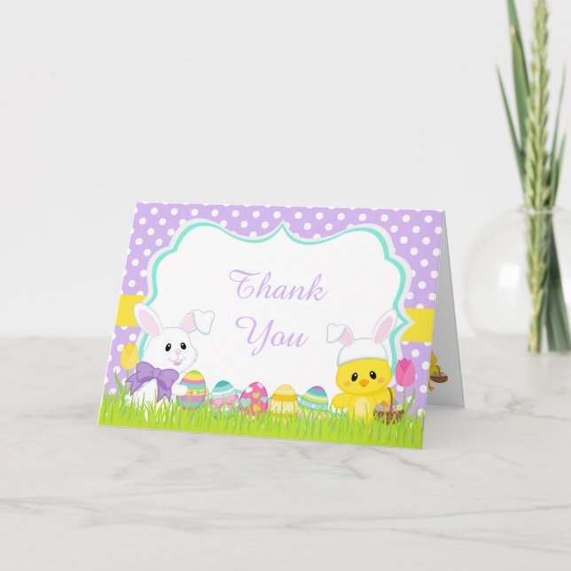 Cute Purple Easter Bunny and Chick Easter Egg Hunt Thank You Card (Front)