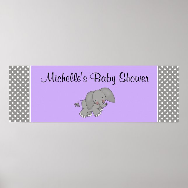 Cute Purple Elephant Girl Baby Shower Banner Poster (Front)
