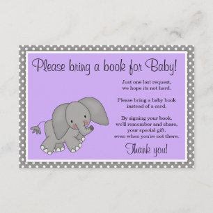 Cute Purple Elephant Girl Baby Shower Book Request Enclosure Card