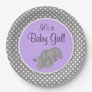 Cute Purple Elephant Girl Baby Shower Paper Plate