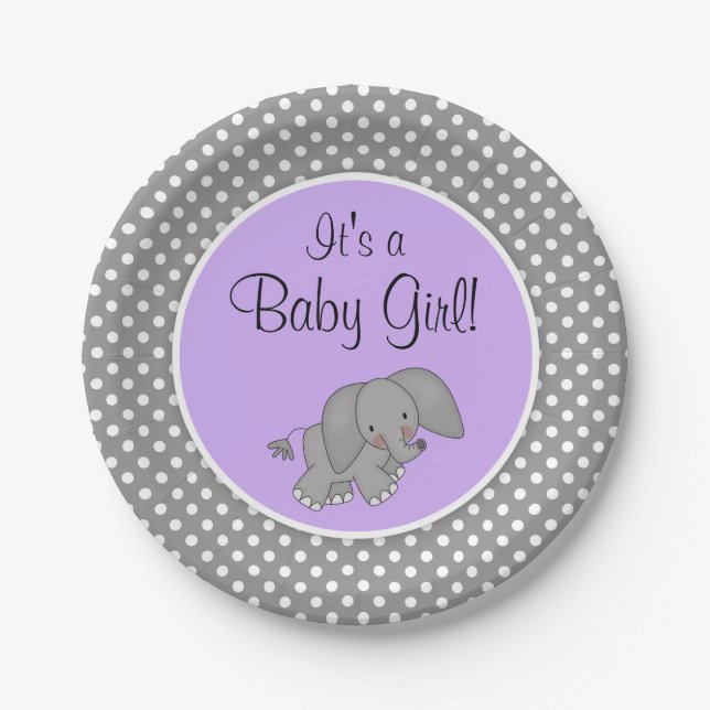Cute Purple Elephant Girl Baby Shower Paper Plate (Front)