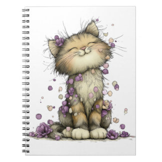 Cute Purple Floral Cat Spiral Notebook, Whimsical Notebook