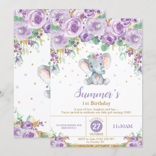 Cute Purple Floral Elephant 1st Birthday Girl Invitation