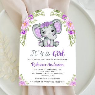 Cute Purple Floral Elephant Arch Baby Shower Invitation