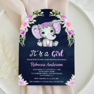 Cute Purple Floral Elephant Arch Navy Baby Shower Invitation