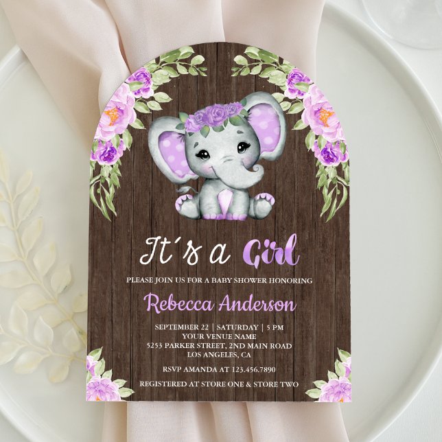 Cute Purple Floral Elephant Arch Wood Baby Shower Invitation (Creator Uploaded)