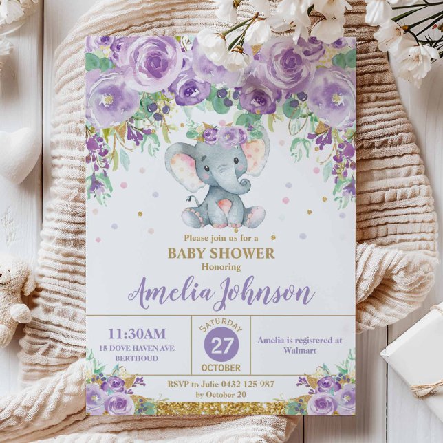 Cute Purple Floral Elephant Baby Shower Baby Girl Invitation (Creator Uploaded)