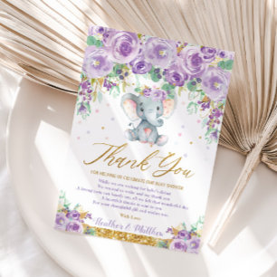 Cute Purple Floral Elephant Baby Shower Baby Girl Thank You Card