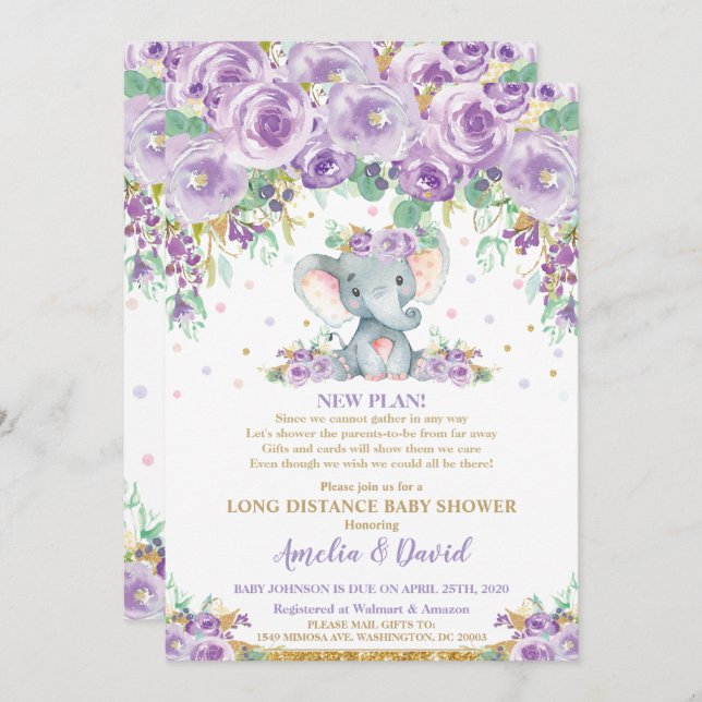 Cute Purple Floral Elephant Baby Shower by Mail Invitation (Front/Back)