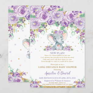 Cute Purple Floral Elephant Baby Shower by Mail Invitation