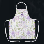 Cute Purple Floral Initial Name Apron<br><div class="desc">Elegant baking all-over printed apron featuring a pretty purple watercolor floral pattern,  your initial,  name,  and a quote.</div>