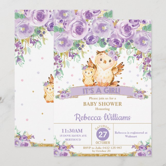 Cute Purple Floral Owl Baby Shower Baby Girl Invitation (Front/Back)