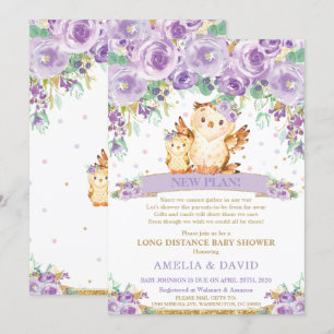 Cute Purple Floral Owl Baby Shower by Mail Invitation