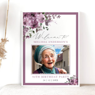 Cute Purple Floral Photo Any Age Birthday Welcome Poster