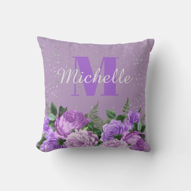 Cute Purple Floral Silver Glitter Monogram   Cushion (Front)