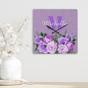 Cute Purple Floral Silver Glitter Monogram Square Wall Clock