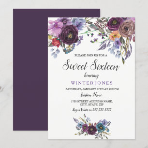Cute Purple Floral Winter Sweet Sixteen Invite