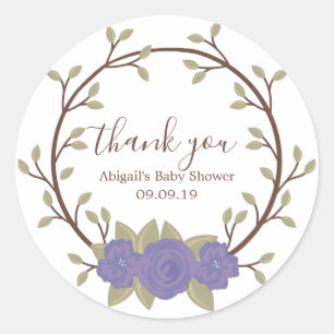 Cute Purple Floral Wreath Baby Shower Classic Round Sticker