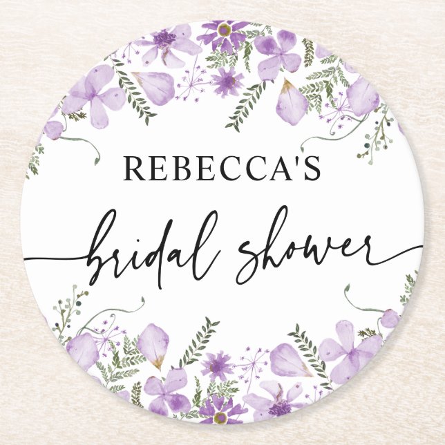 Cute Purple Florals Bridal Shower  Round Paper Coaster (Front)
