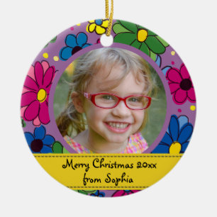 Cute Purple Flower Child's Photo Frame Christmas Ceramic Ornament