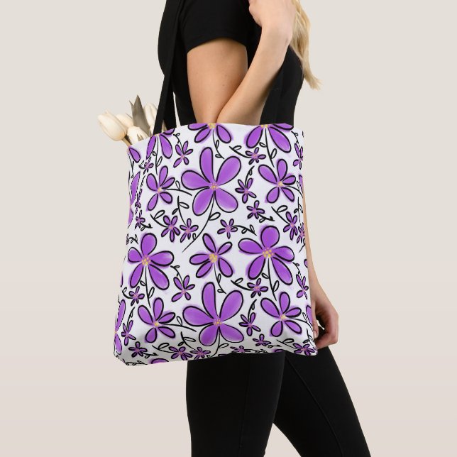 Cute purple flower pattern tote bag (Close Up)