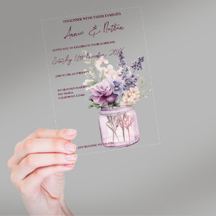 Cute Purple Flowers In Mason Jar Floral Wedding Acrylic Invitations