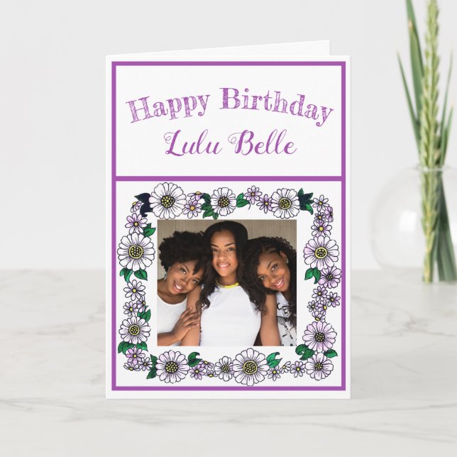 Cute Purple Flowers | Photo Personalised Birthday Card (Front)