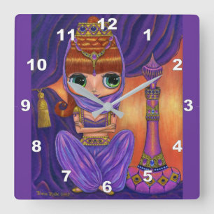 Cute Purple Genie Girl Doll Magic Bottle Square Wall Clock