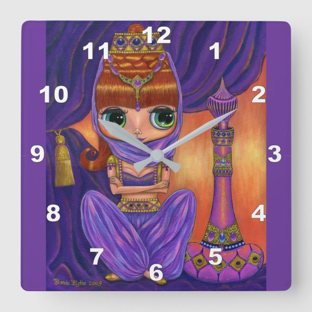 Cute Purple Genie Girl Doll Magic Bottle Square Wall Clock (Front)