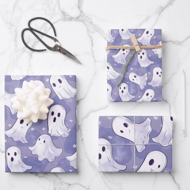 Cute Purple Ghost Pattern Wrapping Paper Sheet (Front)
