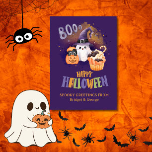 Cute purple Ghost & Pumpkin Halloween greeting Holiday Card