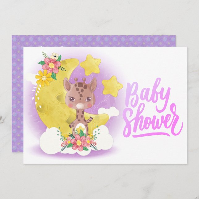 Cute Purple Giraffe Baby Shower Invitation (Front/Back)