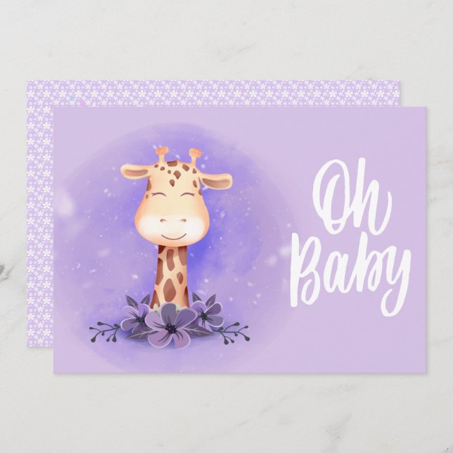 Cute Purple Giraffe Baby Shower Invitation (Front/Back)