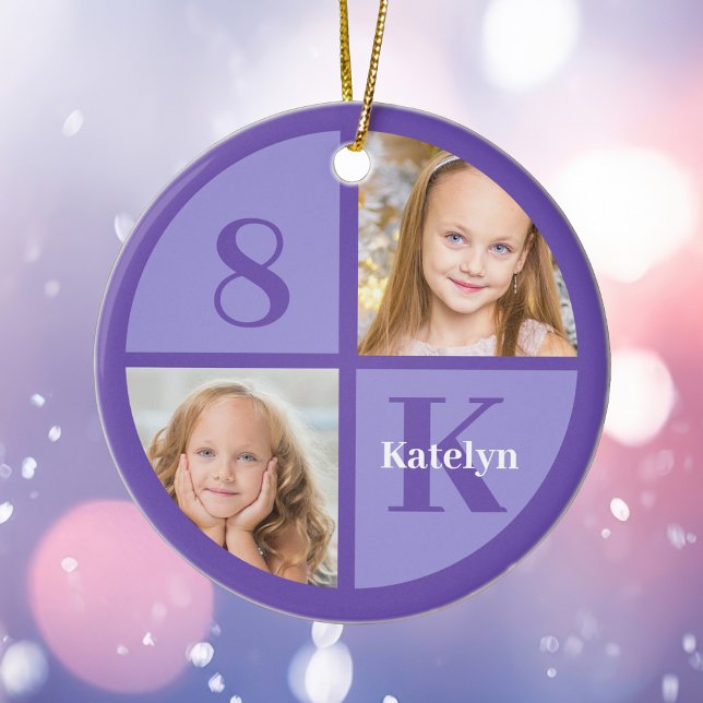 Cute Purple Girls Photo Personalised Christmas Ceramic Ornament (Creator Uploaded)