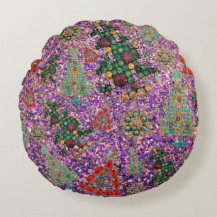 Cute Purple Glitter Christmas Trees Jewels Bling Round Cushion