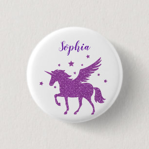 Cute Purple Glitter Personalised Unicorn 3 Cm Round Badge