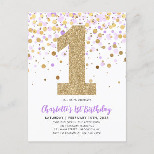 Cute Purple Gold Glitter Confetti 1st Birthday Postcard