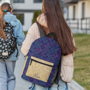 Cute Purple & Gold Personalised Mermaid Printed Backpack