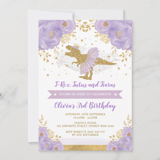 Cute Purple Gold Princess Dinosaur Girl Birthday Invitation (Front)
