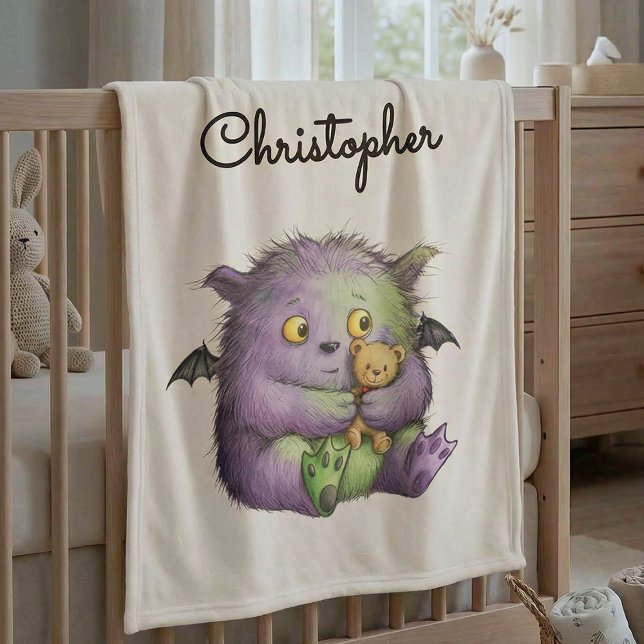 Cute Purple Green Fluffy Monster Buddy Fleece Blanket (Creator Uploaded)