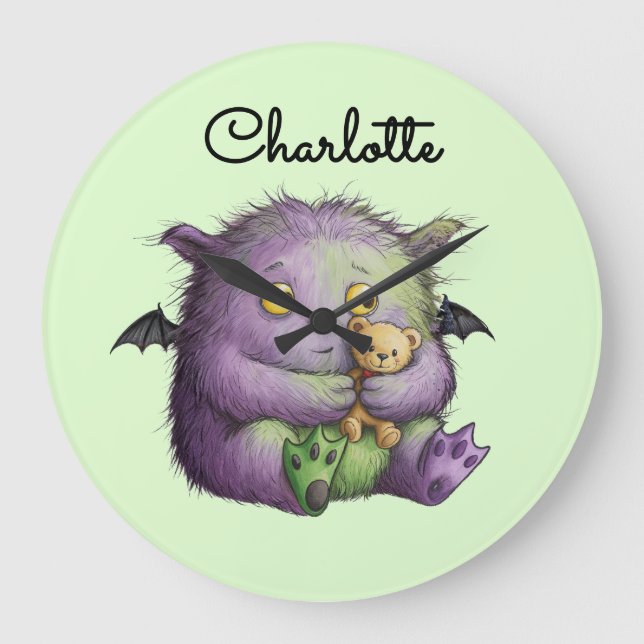 Cute Purple Green Fluffy Monster Buddy Large Clock (Front)