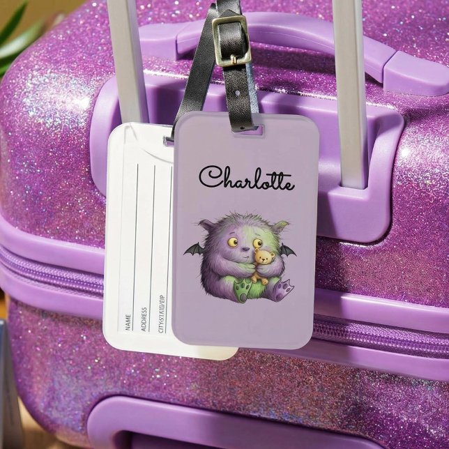 Cute Purple Green Fluffy Monster Buddy Luggage Tag (Creator Uploaded)