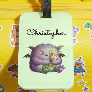 Cute Purple Green Fluffy Monster Buddy Luggage Tag