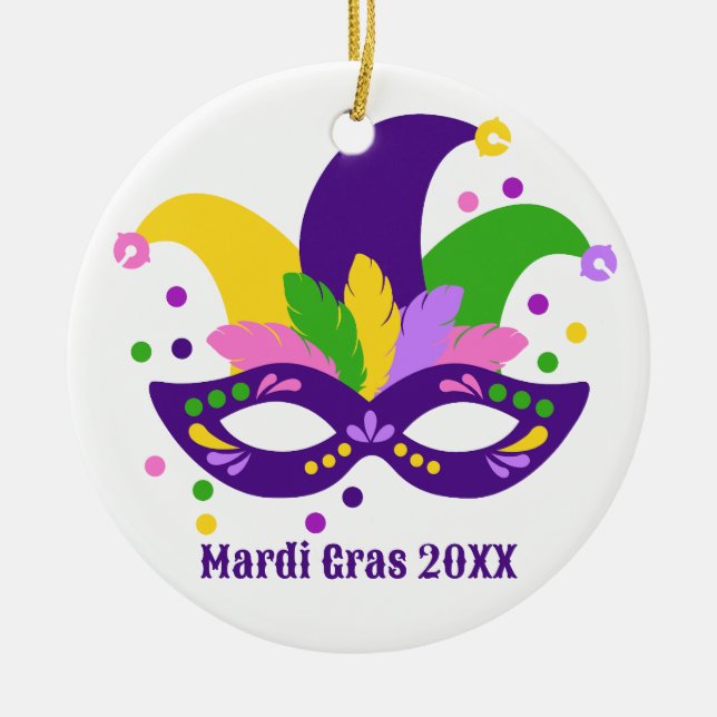Cute Purple Green Gold Mardi Gras Mask   Ceramic Ornament (Front)
