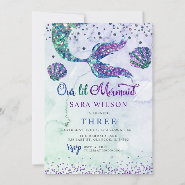 Cute Purple Green Modern Glitter Mermaid Birthday Invitation (Front)