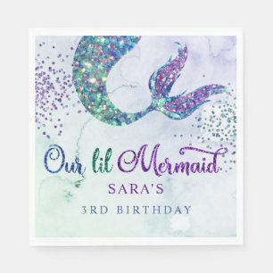 Cute Purple Green Modern Glitter Mermaid Birthday Napkin