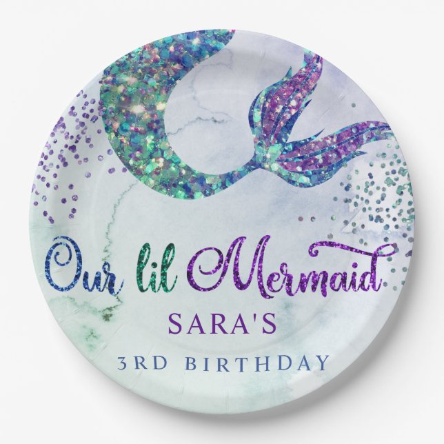 Cute Purple Green Modern Glitter Mermaid Birthday Paper Plate (Front)