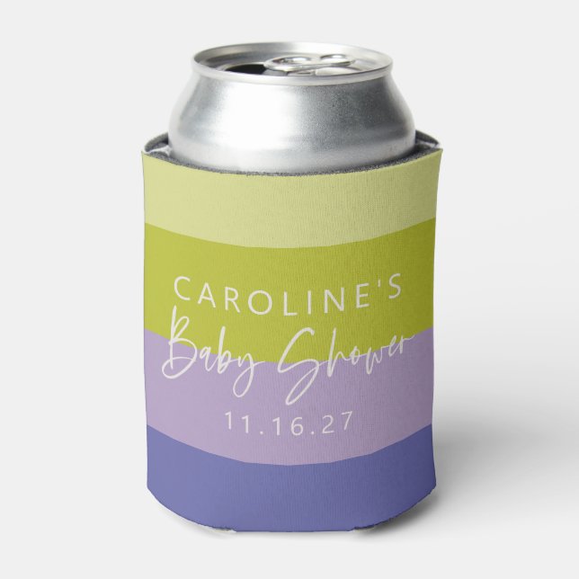 Cute Purple Green Stripe Mod Custom Baby Shower  Can Cooler (Can Front)