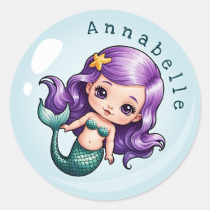 Cute Purple Hair Mermaid in a Bubble Personalise Classic Round Sticker