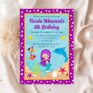 Cute Purple Haired Mermaid Kids Birthday Invitation